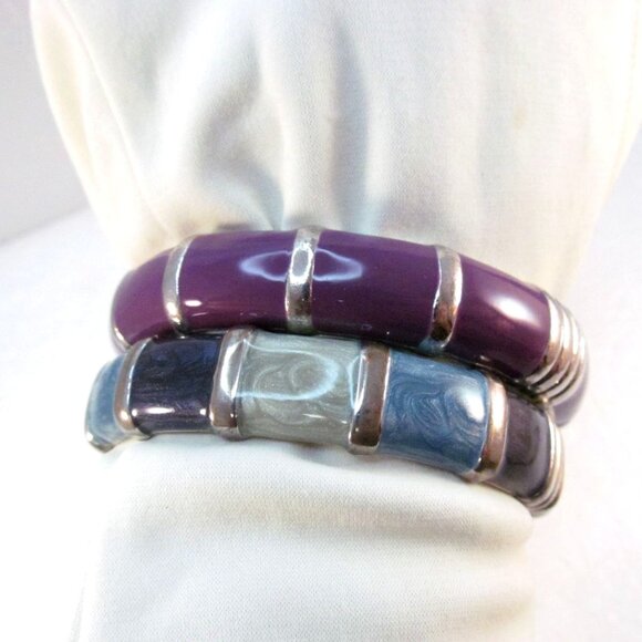 Enamel Bamboo Style Hinge Bracelets Set of 2 Purple and Green Blues - Picture 2 of 16